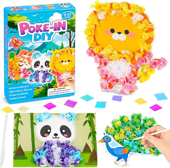 8PCS Poke-in Craft and Art Kit Animal Theme No-Mess Fabric Sewing Art Puzzle Puncture Painting DIY Jungle Animal Toy Gifts for Creative Activity Game Birthday Party