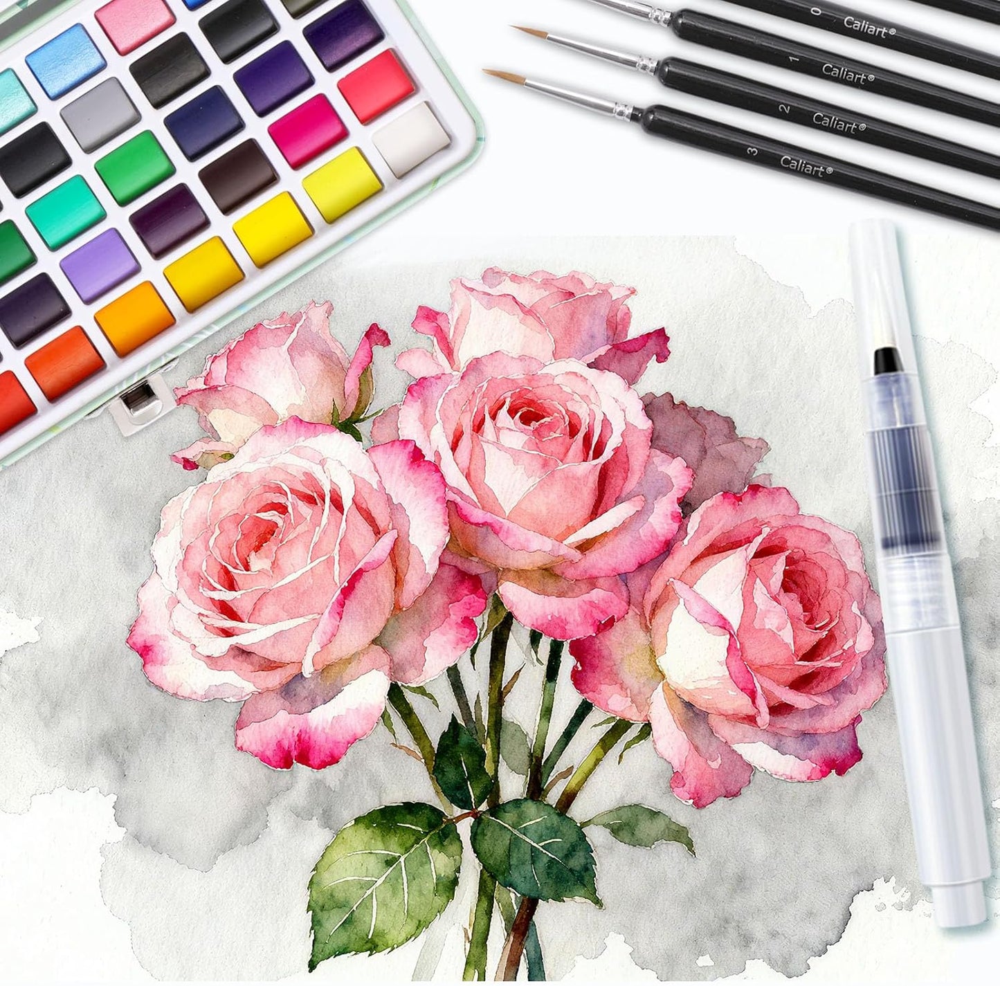 Caliart Watercolor Paint Set, 50 Colors Portable Travel Water Color Palette Kit with Detail Painting Brush, Art Supplies Christmas Gifts for Artists Adults Painters Beginners