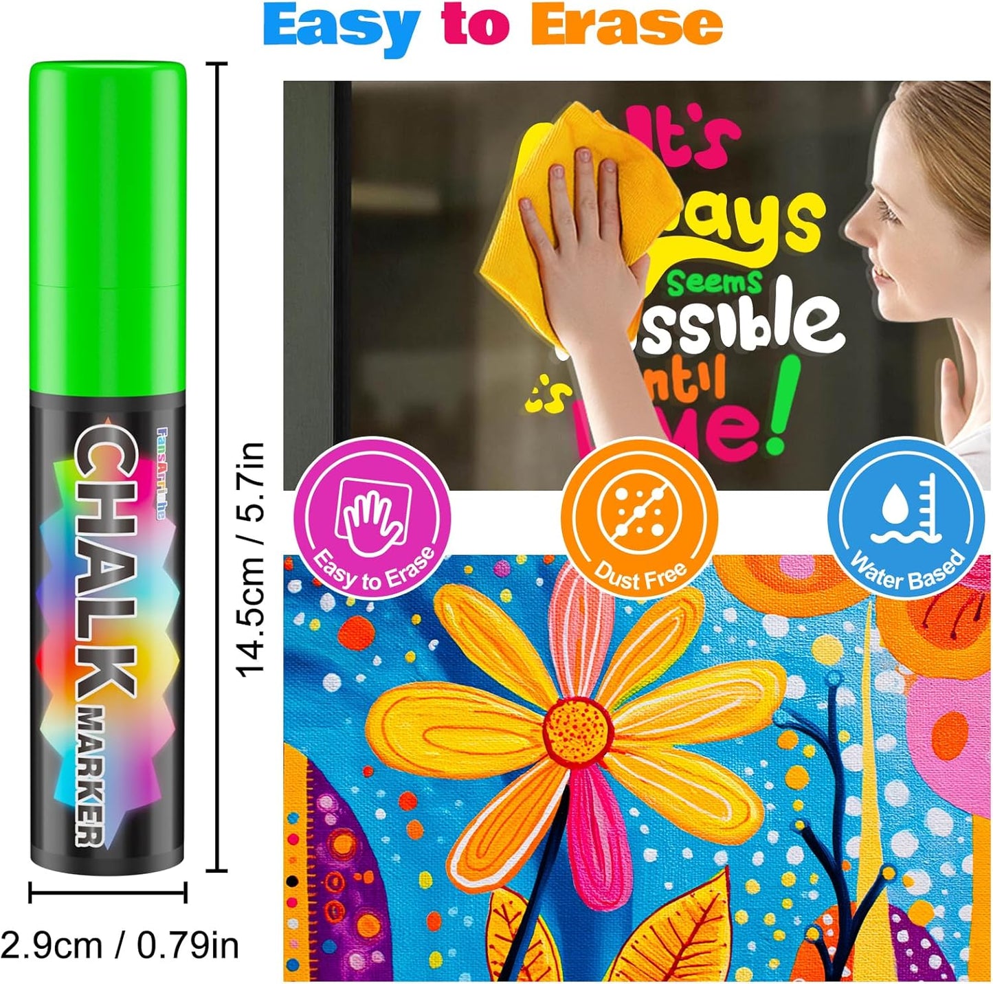 FansArriche Jumbo Window Markers, 3 Pack 15mm Neon Chalk Pens, Liquid Chalk Bright Car Marker, Chalkboard Markers for Windows, Blackboard, Glass, Signs, 3-in-1 Nib