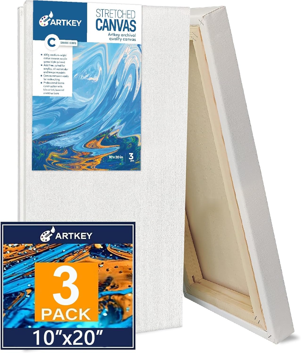 Gallery Wrapped Stretched Canvases for Painting 10x20 Inch 3-Pack, 16 oz Triple Primed Acid-Free 100% Cotton Blank Canvas, Rectangular Spline Canvas for Oil Paint Acrylics Pouring & Wet Art Media