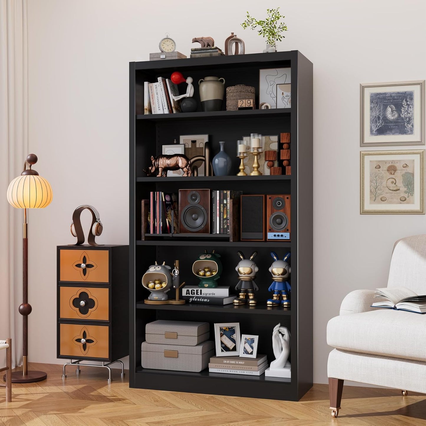 66"Heavy-Duty Steel Open Storage Cabinet with Adjustable Shelves, 6-Tier Shelving Unit, Easy Assembly Freestanding Organizer for Garage, Pantry,Office, Living Room (Black, 5 Tier-66"Hx 33"W x14"D)