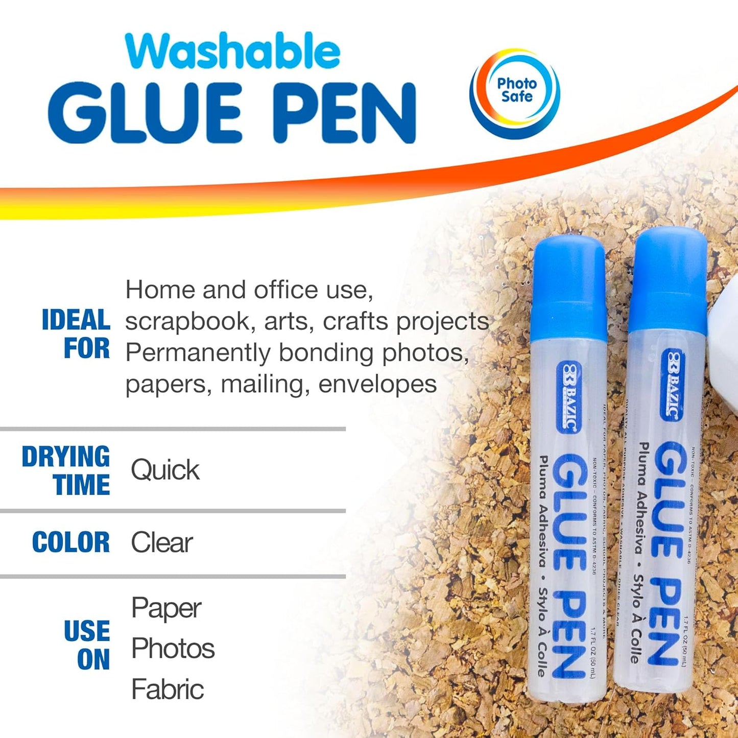 BAZIC Products Washable Glue Pen 1.7 Oz. (50 mL), Liquid Clear Glues Bond Adhesive for Art Crafts Project at School Home Office (2/Pack), 24-Pack