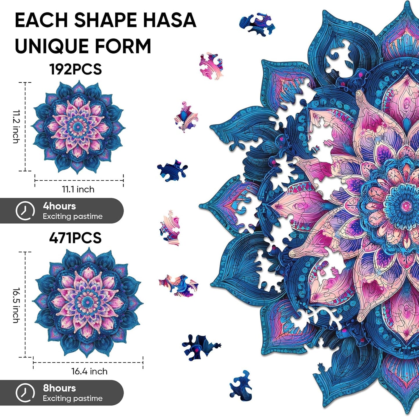 Wooden Puzzles for Adults 471 Pieces, Mandela Lotus Jigsaw Puzzles, Unique Design Color Challenge Adult Puzzles for Family Game Gift, Home Decor, 16.4x16.5 inch