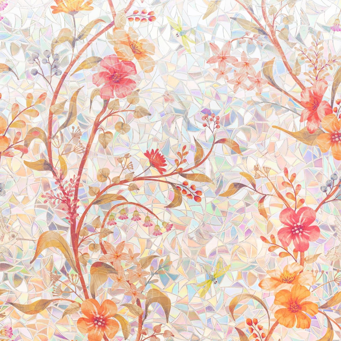 Stained Glass Window Film Static Cling Door Privacy Film Decorative Flowers Red Leaves Window Decals Stickers Heat Control Anti UV for Home and Office,23.6 inches by 78.7 inches