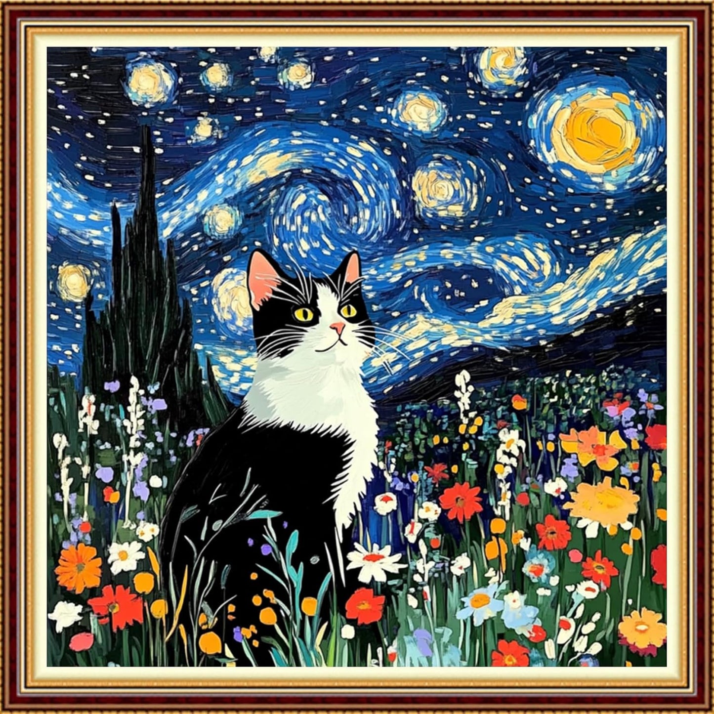 Hopeart Stamped Cross Stitch Kits for Beginner Embroidery Kits for Beginners Adults DIY 11CT Cross Stitch Patterns Needlepoint Kits Crossstitching Kits-Van Gogh Starry Cat 18x18 inch