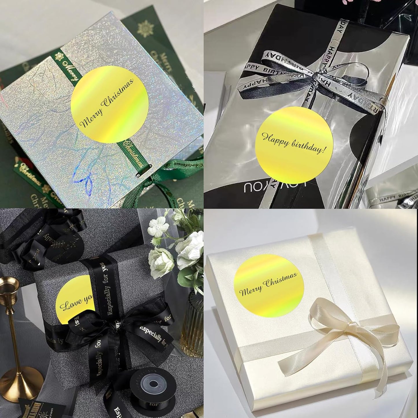 3" Holographic Direct Thermal Label Stickers, Round Printable Rainbow Glitter Thermal Printer Sticker Labels for Gift Wrapping, Self-Adhesive DIY Custom Logo Design- Holographic Yellow