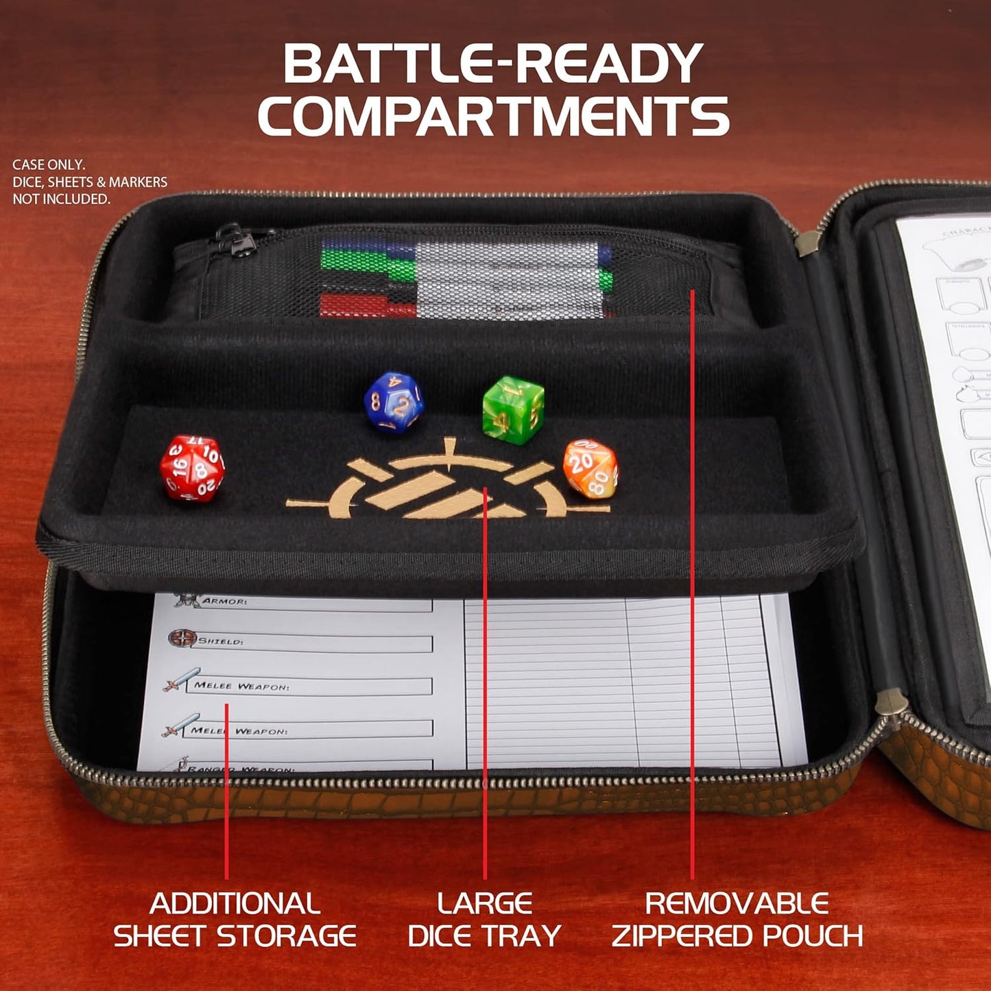 ENHANCE RPG Organizer Case - DnD Binder with Built-in Character Sheet Holder and Erasable Scribe Panel, Dice Rolling Area, Removable Pen Pouch, Miniature Foam Tray, Wrist Strap