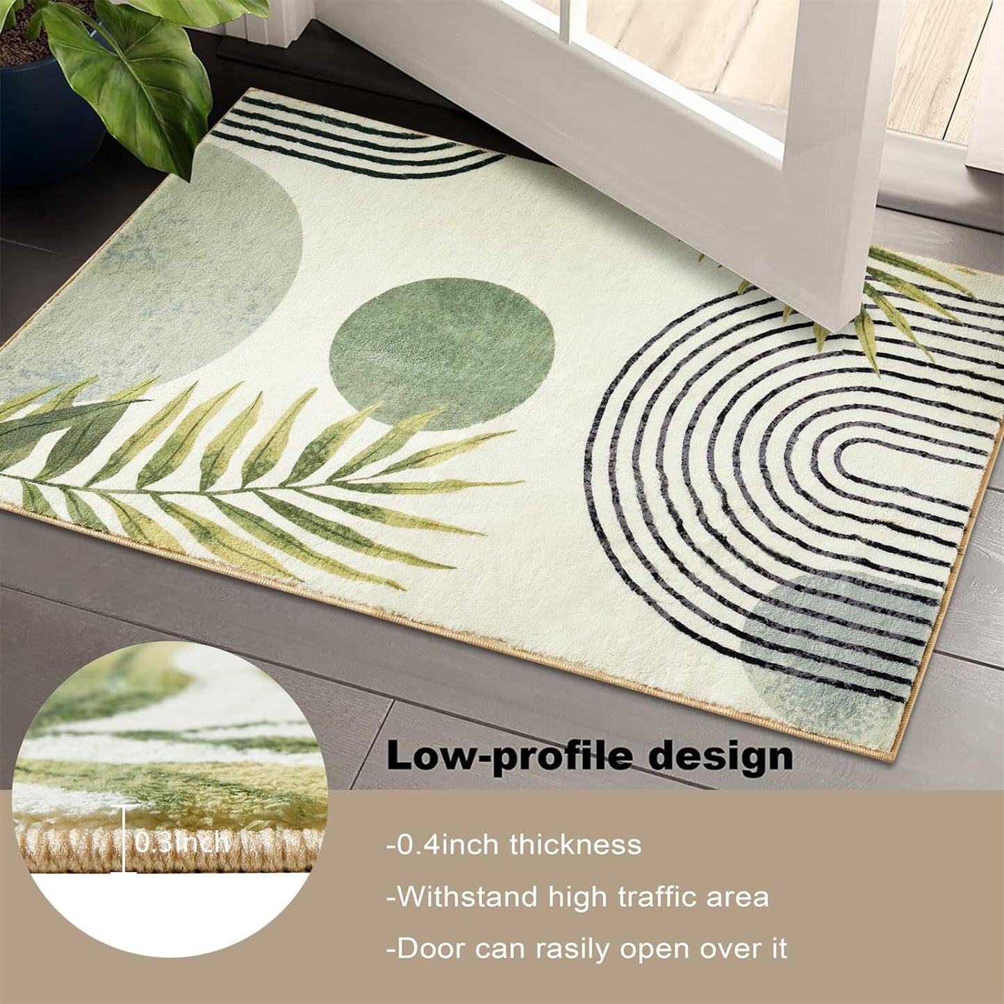 RoomTalks Boho Green Cute Bathroom Rugs Bath Mat Non Slip Washable, Modern Abstract Geometric Shape with Tropical Leaves 2x3 Small Area Rug for Bedroom Kitchen Entryway Indoor Doormat Stain Resistant