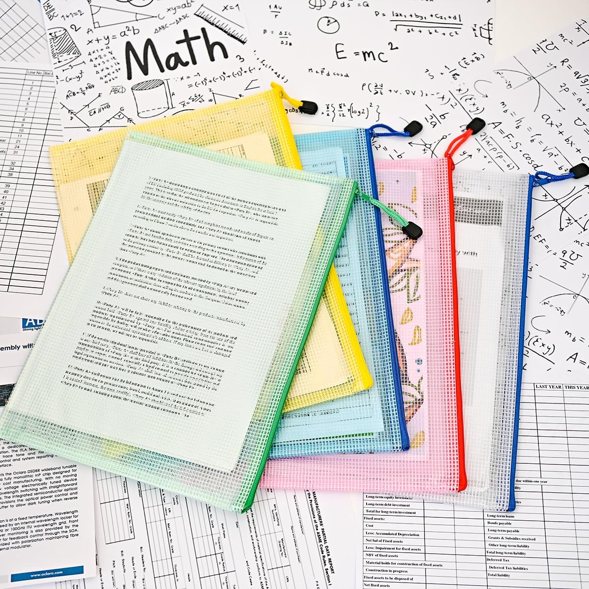 AUSTARK 10 Pcs Zipper File Bags, Waterproof Plastic Mesh Pouch for Office School, Board Game Storage Bags (A4 Size 13.4''x9.4'', Multicolored)