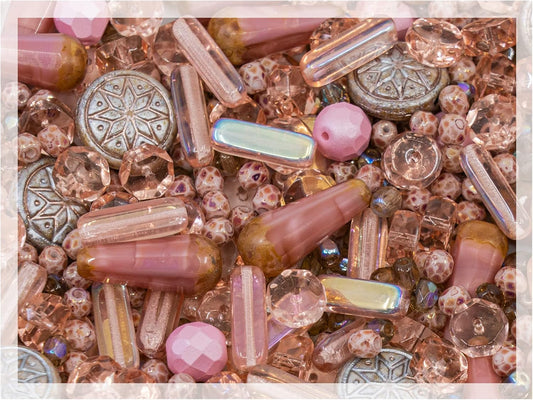 2.1oz (60 g) Mix of Unique Czech Bohemia Glass Pressed Beads, Dirty Pink Antique, Table Cut, Matte and Glossy, Faceted Fire Polish, Hand Made Set Kit BCV