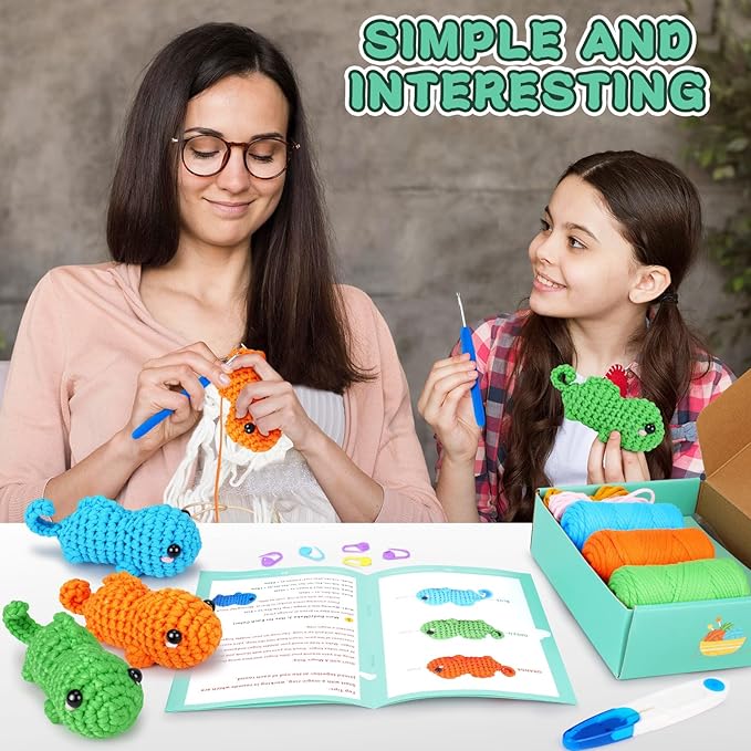 Fortuning's JDS Crochet Kit for Beginners - 3 PCS Baby Chameleon Crochet Kits with Step-by-Step Video Tutorials, Beginner Crochet Kit for Adults Kids, Chameleon Crocheting Set (Orange&Blue&Green)