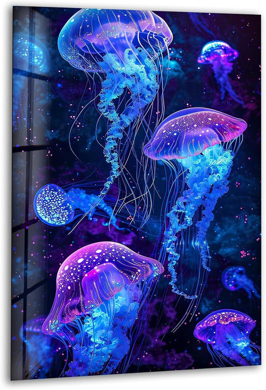 My Photostation.com 14Wx20H'' Glowing Jellyfish Glass Wall Art Tempered Glass Printing Wall Decor Large Wall Art Wall Hangings