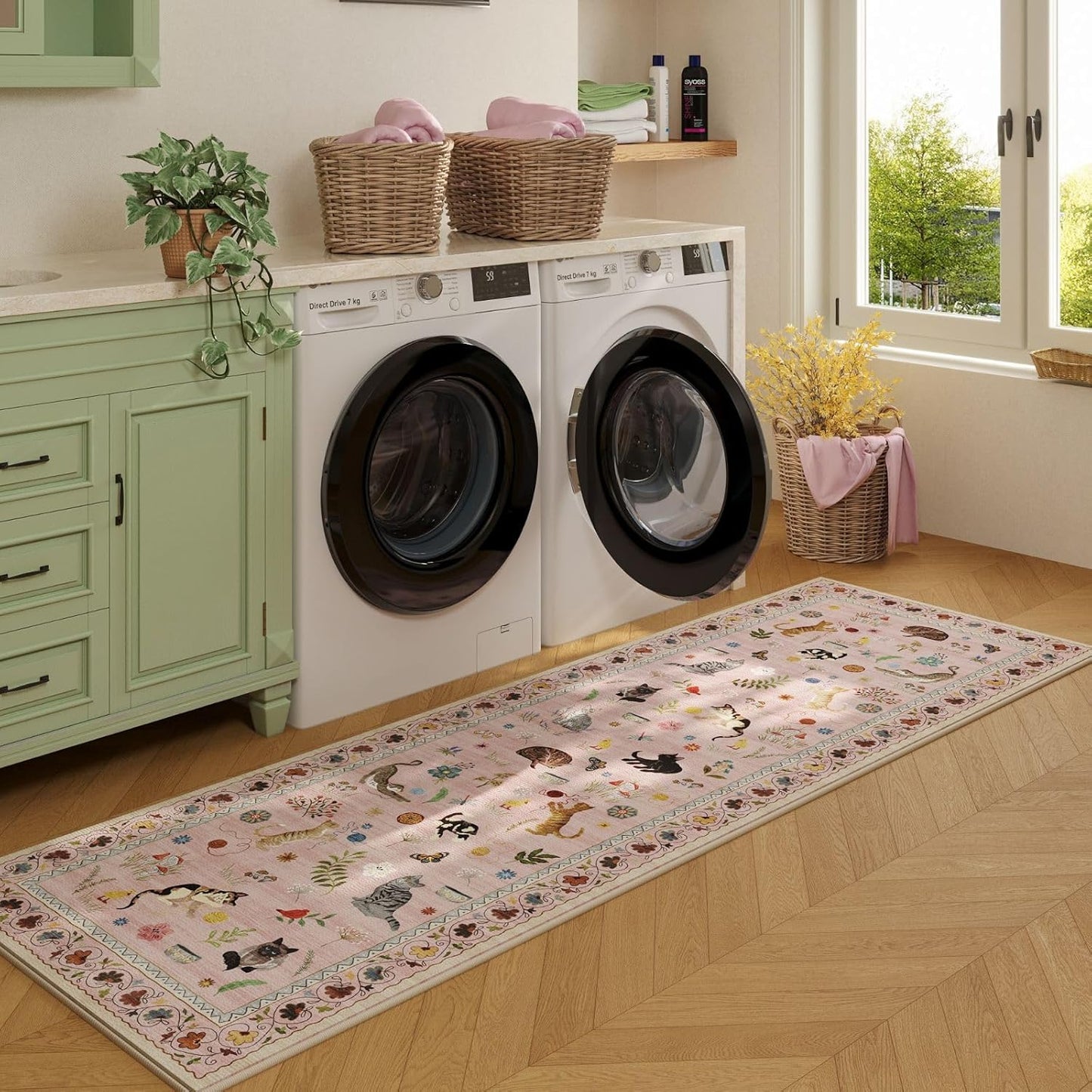 Rugcomf Runner Rug for Kitchen Non Slip 2'x6' Washable Rugs with Rubber Backing Soft Floral Animal Cat Carpet Runner for Kitchen Laundry Bedroom Bathroom, Pink