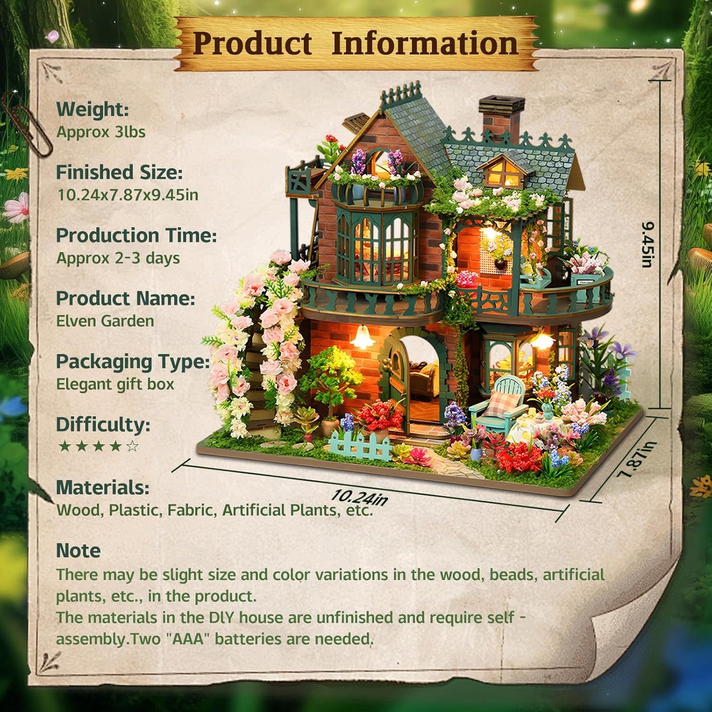 DIY Miniature House Kit, Book Nook Kit for Adult, 3D Wooden Puzzles, Dollhouse Kit with LED Light, Mini Building Kit, Craft Kit for Teen to Build (Elven Garden)