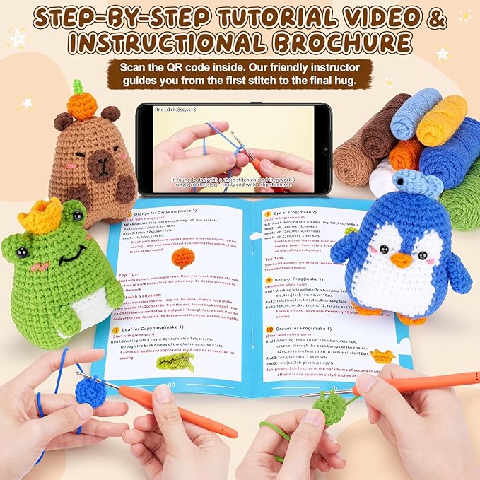 Fortuning's JDS Crochet Kit for Beginners, Crochet Animal Kit Includes Penguin, Capybara & Frog, Complete Starter Kit for Adult and Kids, DIY Craft Crochet Kits, Easy Knitting Kit Christmas Gifts