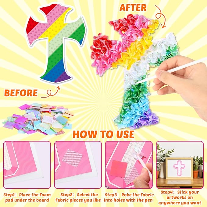 8PCS Poke-in Craft and Art Kit Religious Cross Themed No-Mess Fabric Sewing Art Puzzle Puncture Painting Christian Sunday School VBS Creative Activity Game Birthday Party