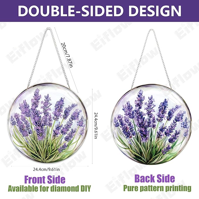 Eiflow Hanging Diamond Art Kit for Adults Lavender, Acrylic Diamonds Painting Board Kit Purple Flower, DIY Gem Art Pendant Ornament