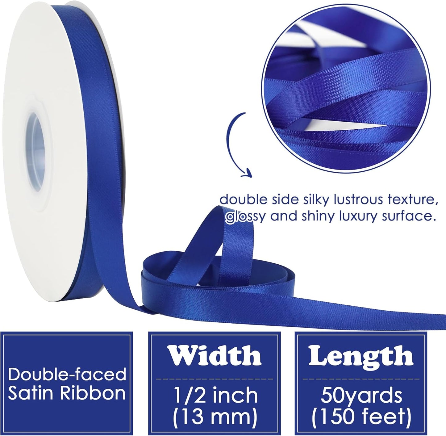 HUIHUANG Royal Blue Ribbon 1/2 inch X 50 Yards Continuous, Double-Faced Satin Ribbon for Gift Wrapping, Bows, DIY Crafts, Flower Bouquet, Independence Day Decoration