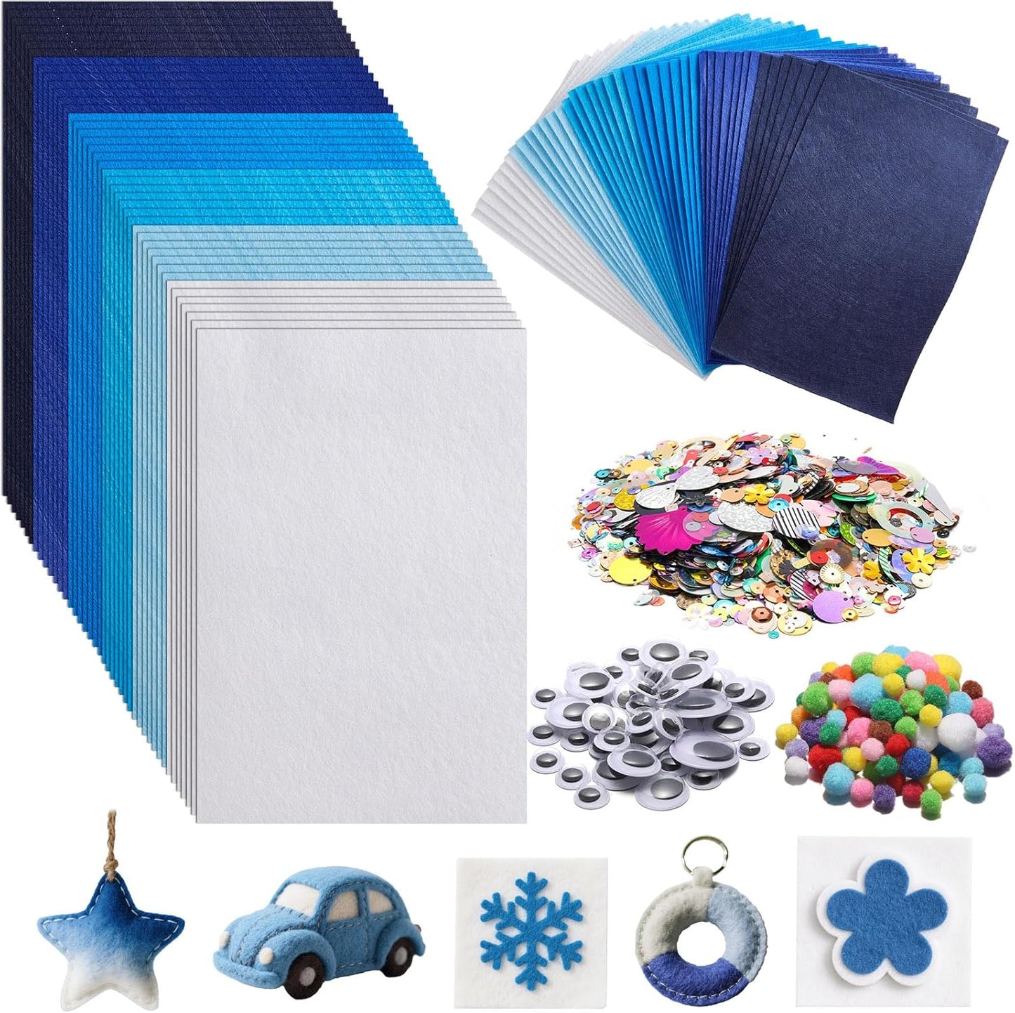 gisgfim 42Pcs Blue Felt Fabric Sheets Craft Kit 8 x 12 Inch Assorted Soft Thick Winter Blue Felt Pack with Wiggle Google Eyes Pom Poms Glitter Patchwork Craft for DlY Sewing Creative Art Project Decor