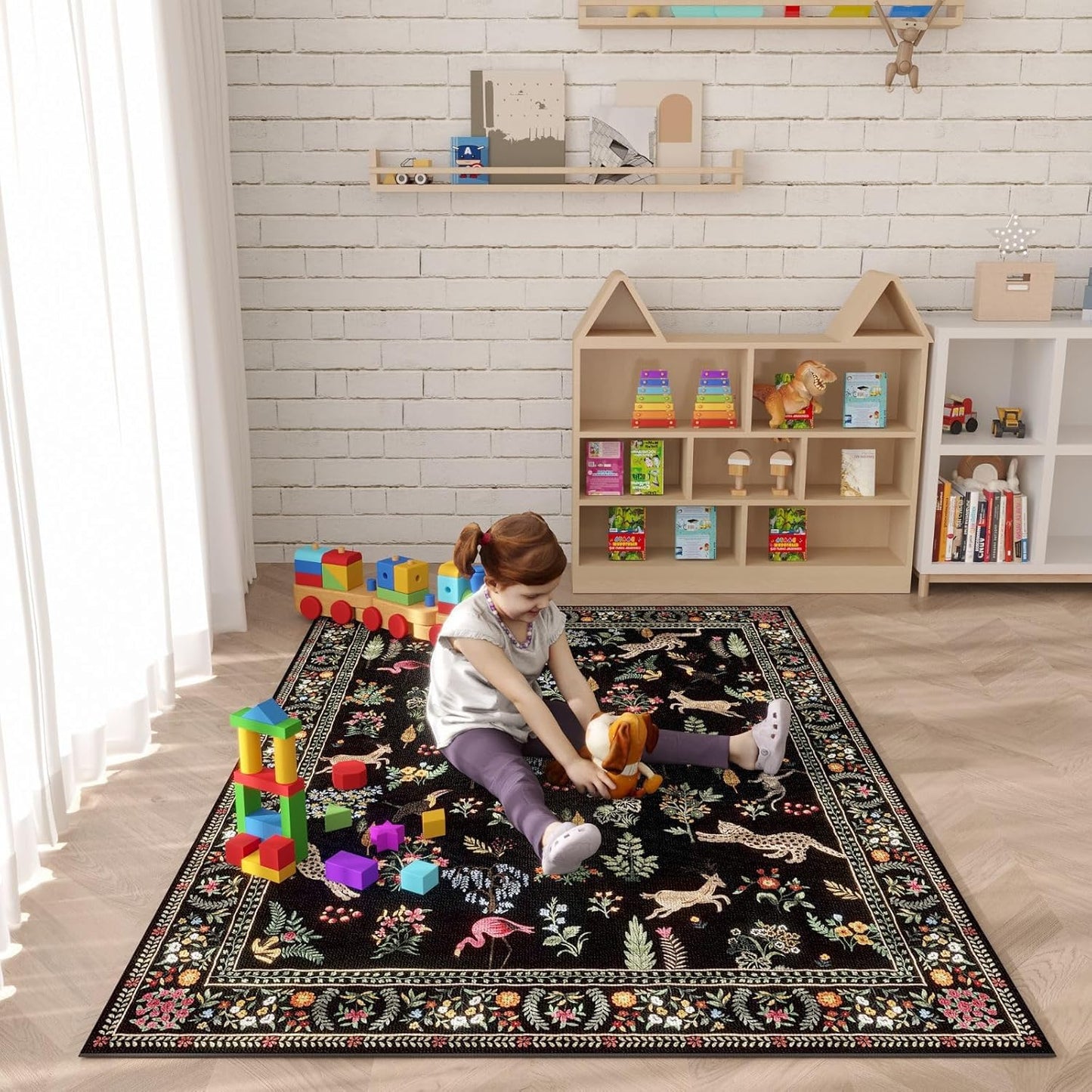 Rugcomf Area Rug 4x6 Rug Washable Boho Rugs Non Slip Low Pile Floral Animal Small Carpet for Bedroom, Bedside, Kids Room, Office, Dining Room (Black)