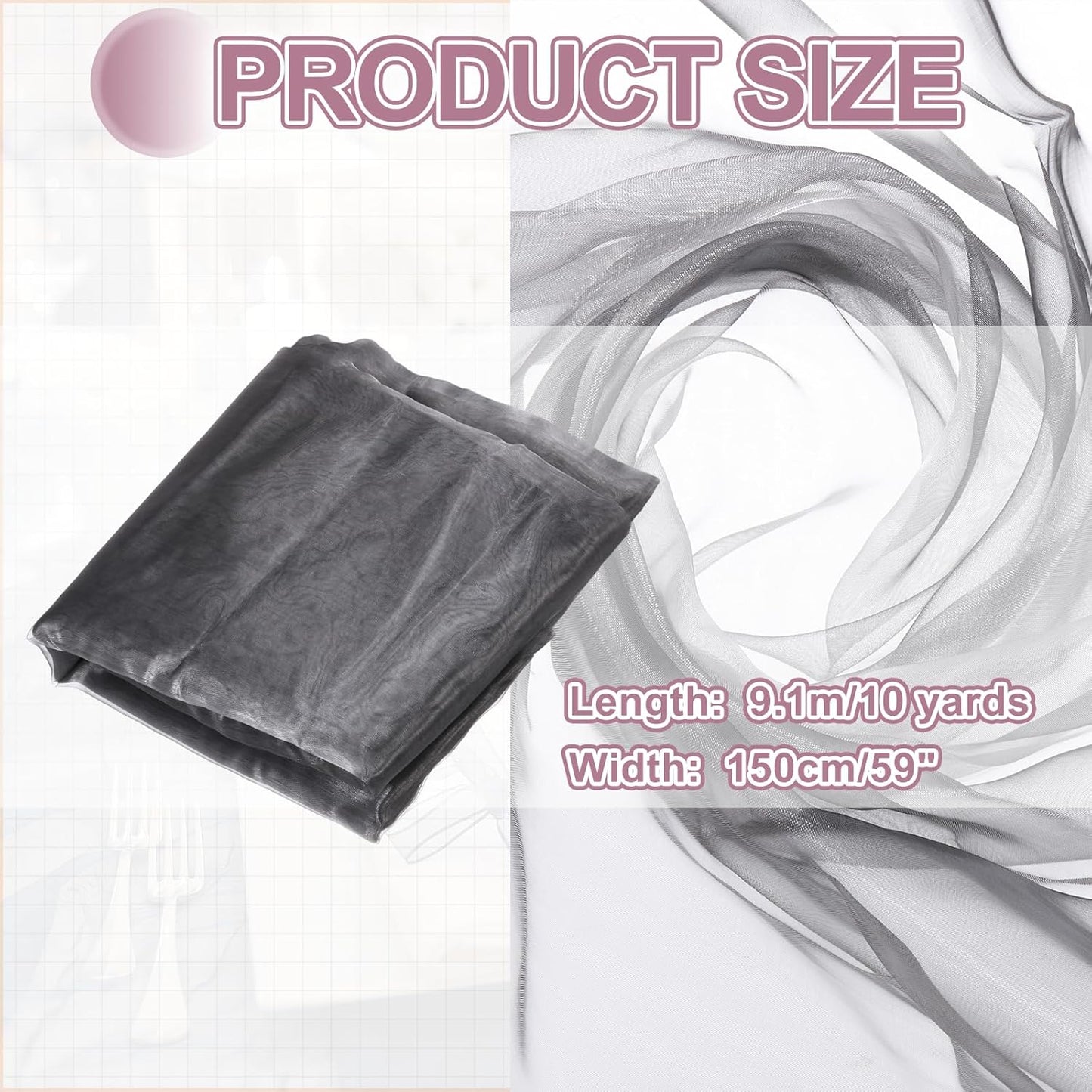 MECCANIXITY Iridescent Sheer Organza Fabric, 10 Yards x 59 Inches Solid Holographic Shiny Fabric Organza Cloth for Wedding, Curtains, Costume, Photo Background, Gradient Gray