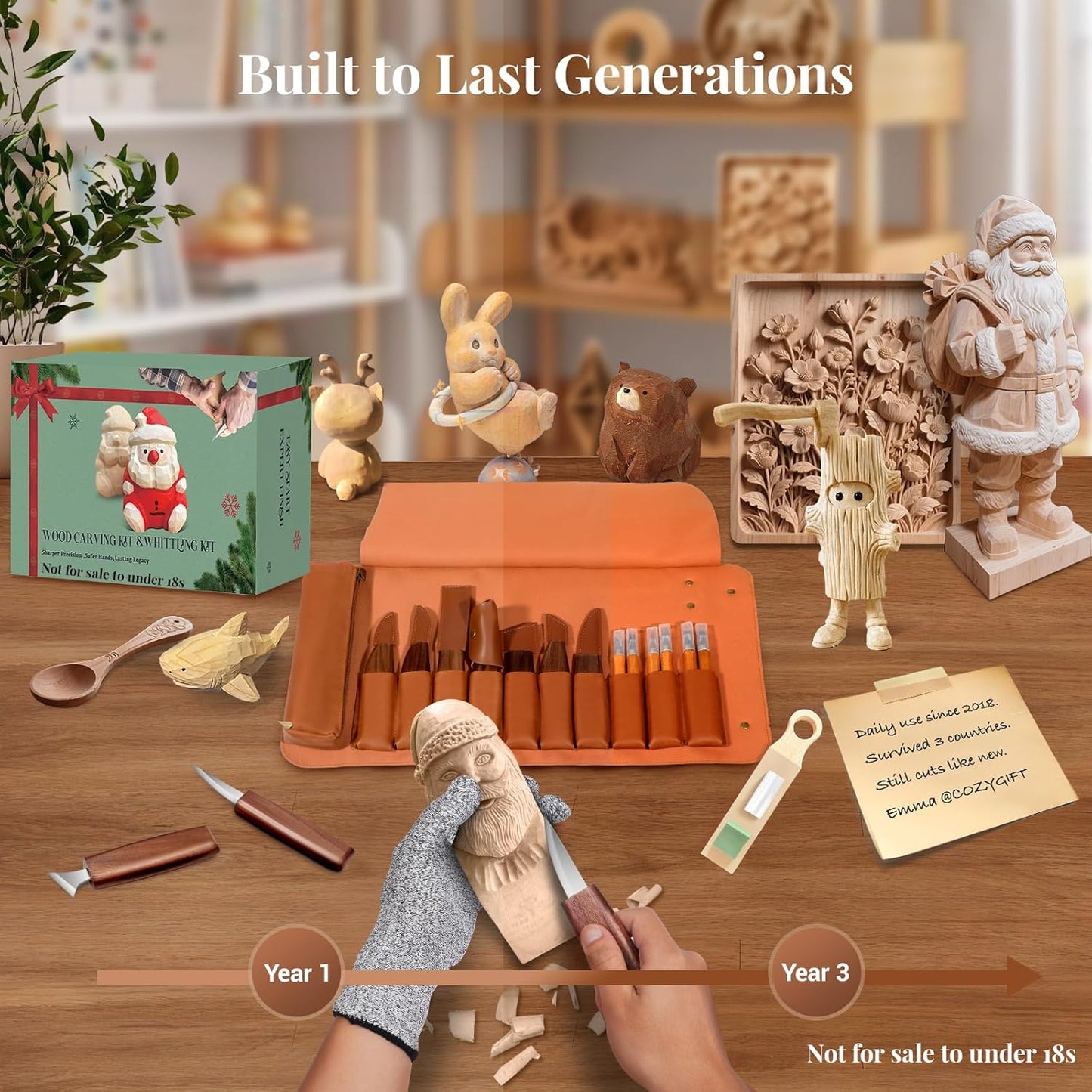 COZYGIFT Wood Carving Kit for Adults & Beginners - 31-Piece Set with 7 Whittling Knives & 6 Detail Gouges, 2 Pre-Carved Basswood Blocks, Leather Roll & Splinter-Free Handles for Woodworking & DIY Gift