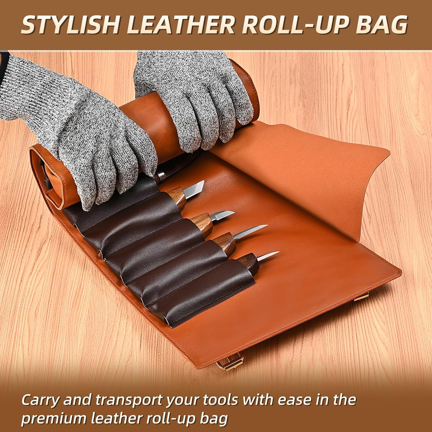 Deluxe Wood Carving Kit - 21Pcs Wood Carving Tools with Leather Storage Bag,Wood Carving Tools Set with 8Pcs Whittling Knives, 8Pcs Detail Carving Knives,Wood Whittling Kit for Beginners