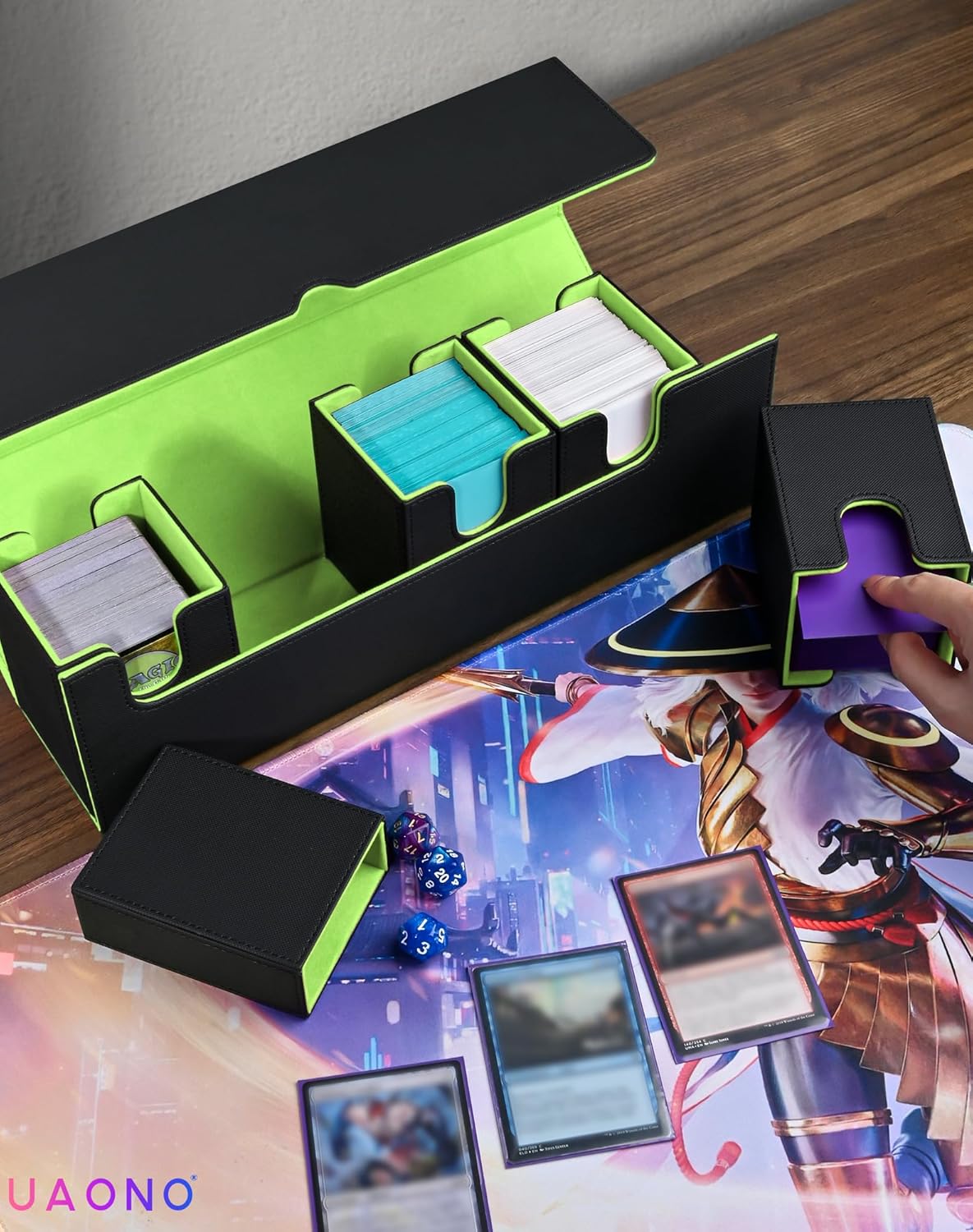Card Deck Box with Dice Tray for MTG, 5 in 1 Card Deck Case Holds 800+ Unsleeved Cards, Strong Magnet Organizer Compatible with Yugioh TCG Sports (Black Green)