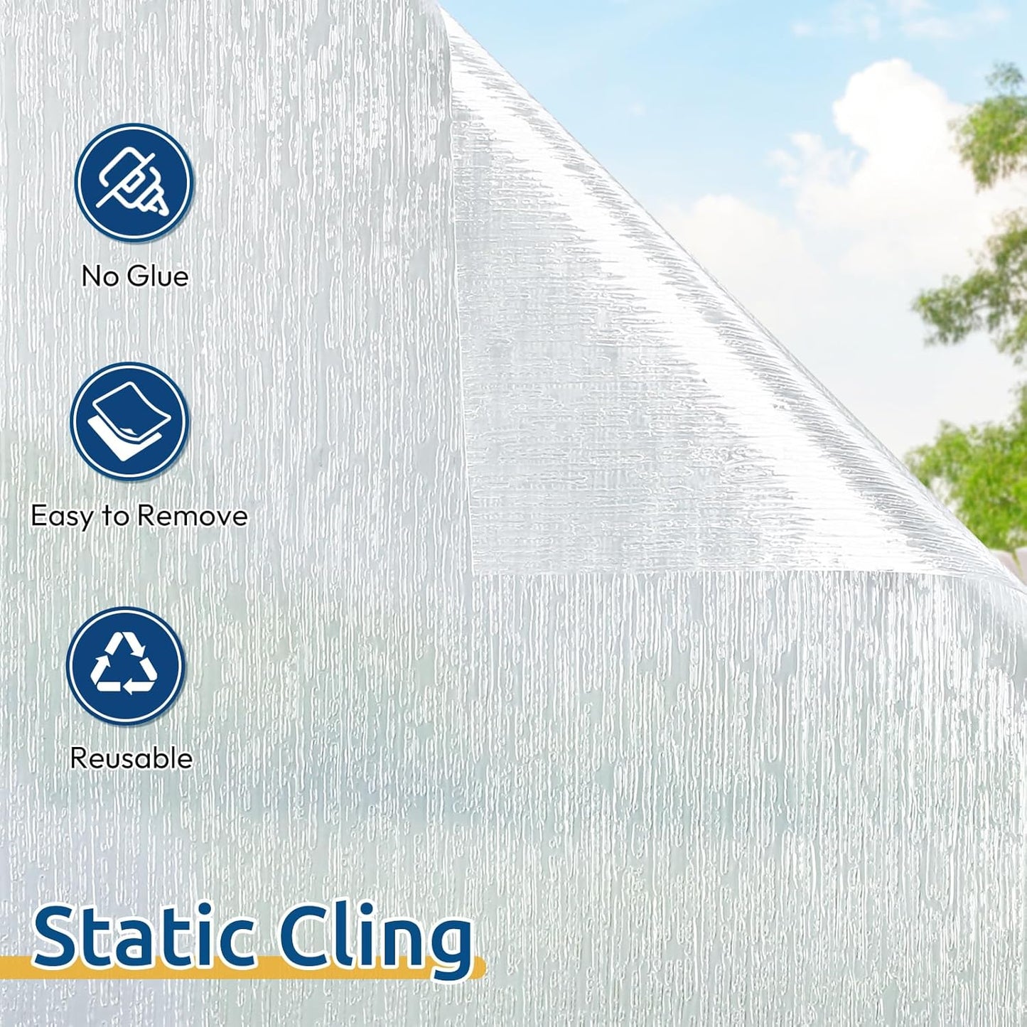 rabbitgoo Window Privacy Film Frosted Glass Clings, Decorative Sun UV Blocking Static Cling Window Covering, Removable Frosting Sticker for Home, Rain Silk, 23.6 x 78.7 Inches