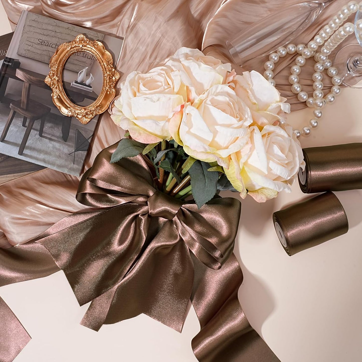 LaRibbons Brown Satin Ribbon 4 Inch 10 Yards Double Faced Luxury Mocha Silk Ribbon for Gift Wrapping Flower Bouquets Bow Christmas Wedding Party Decoration