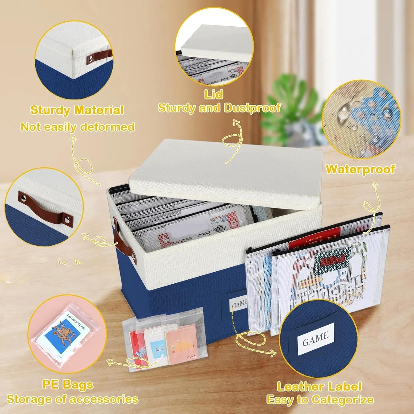 Board Game Storage with 12pcs Zipper Bags and Writable Stickers, Board Game Organizers Storage with Lid for Office Supplies, Puzzles, Video Game, Craft Product (2-Pack Large)