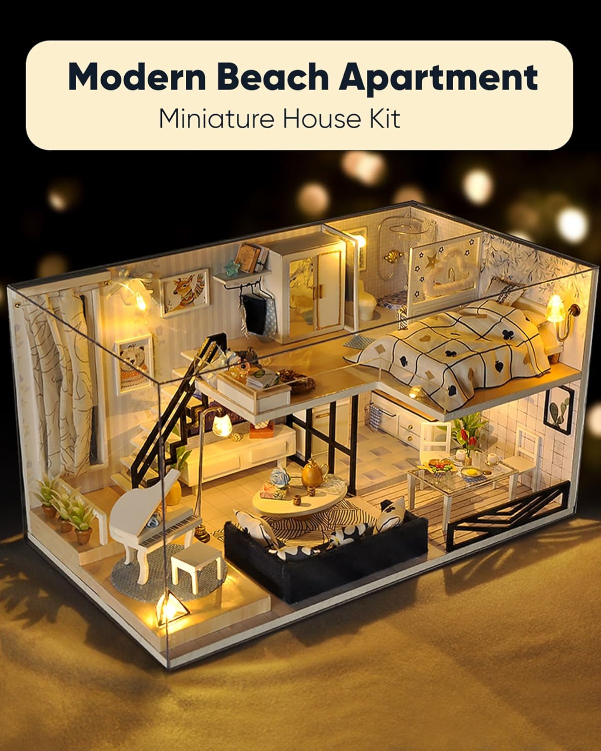 DIY Miniature House Kit, DIY Home Kit for Adults to Build, Modern Dollhouse Kit with Dust Proof & LED, Mayberry Street Miniatures, Ideal Gifts for Birthday,Valentine Christmas(Satisfied Apartment)
