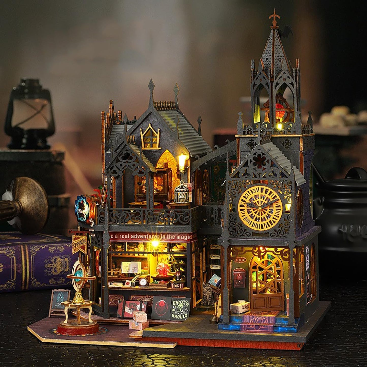 DIY Book Nook Kit - DIY Miniature Dolls House Kit with Furniture and LED Light, 3D Puzzle Wooden Art Bookends, Model Kits for Adults to Build (Holo Demon City)