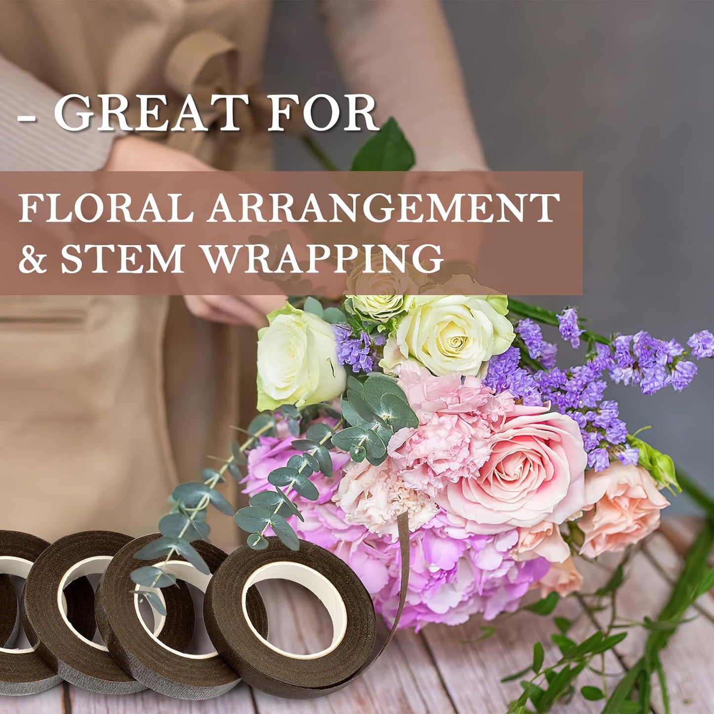 8 Packs Floral Tape, 1/2" Wide Flower Tape, Brown Floral Tape for Fresh Flowers, Adhesive Florist Tape for Floral Crafts, Bouquet Floral Arranging Stem Wrapping, Wedding Bouquet, 30Yard