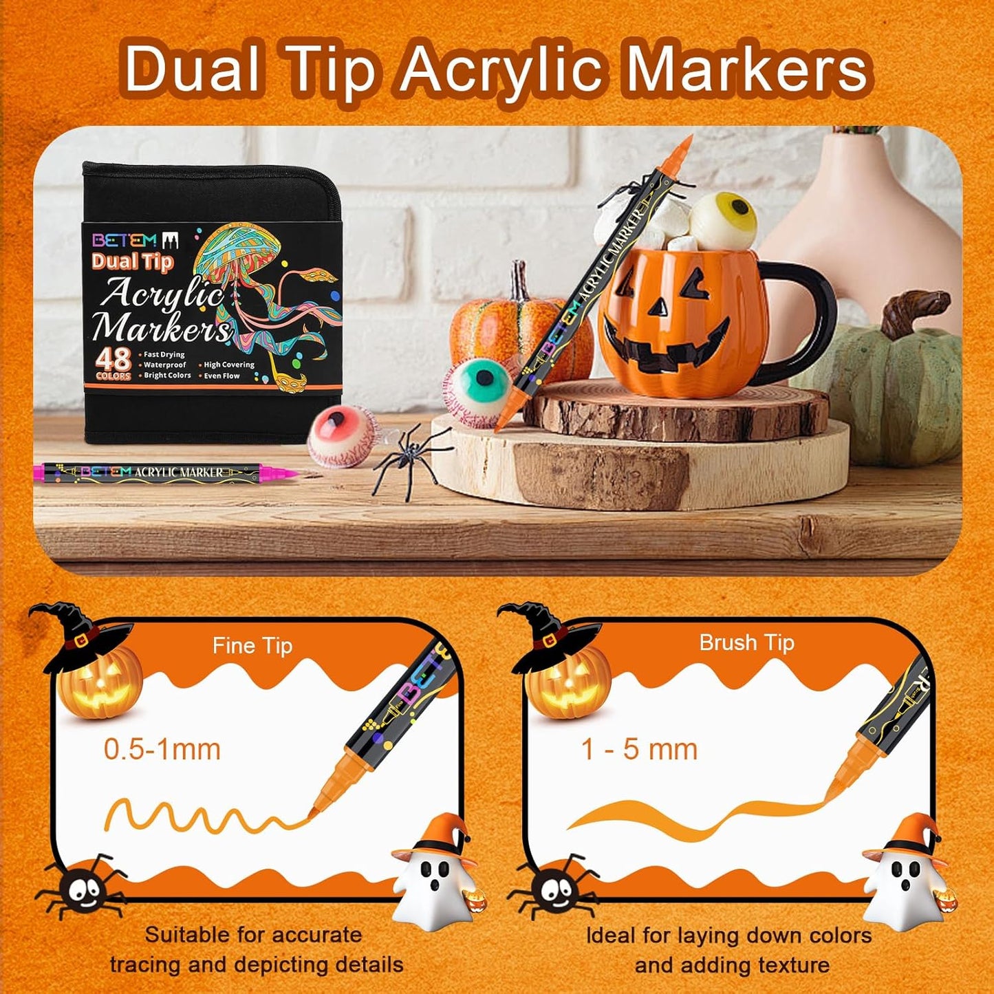 Betem Paint Markers Acrylic Paint Pens, Dual Tip 48 Colors Acrylic Markers with Brush Tip and Fine Point, Art Supplies for Wood, Canvas, Stone, Glass, Rock Painting Kit DIY Crafts Drawing Kit with Bag