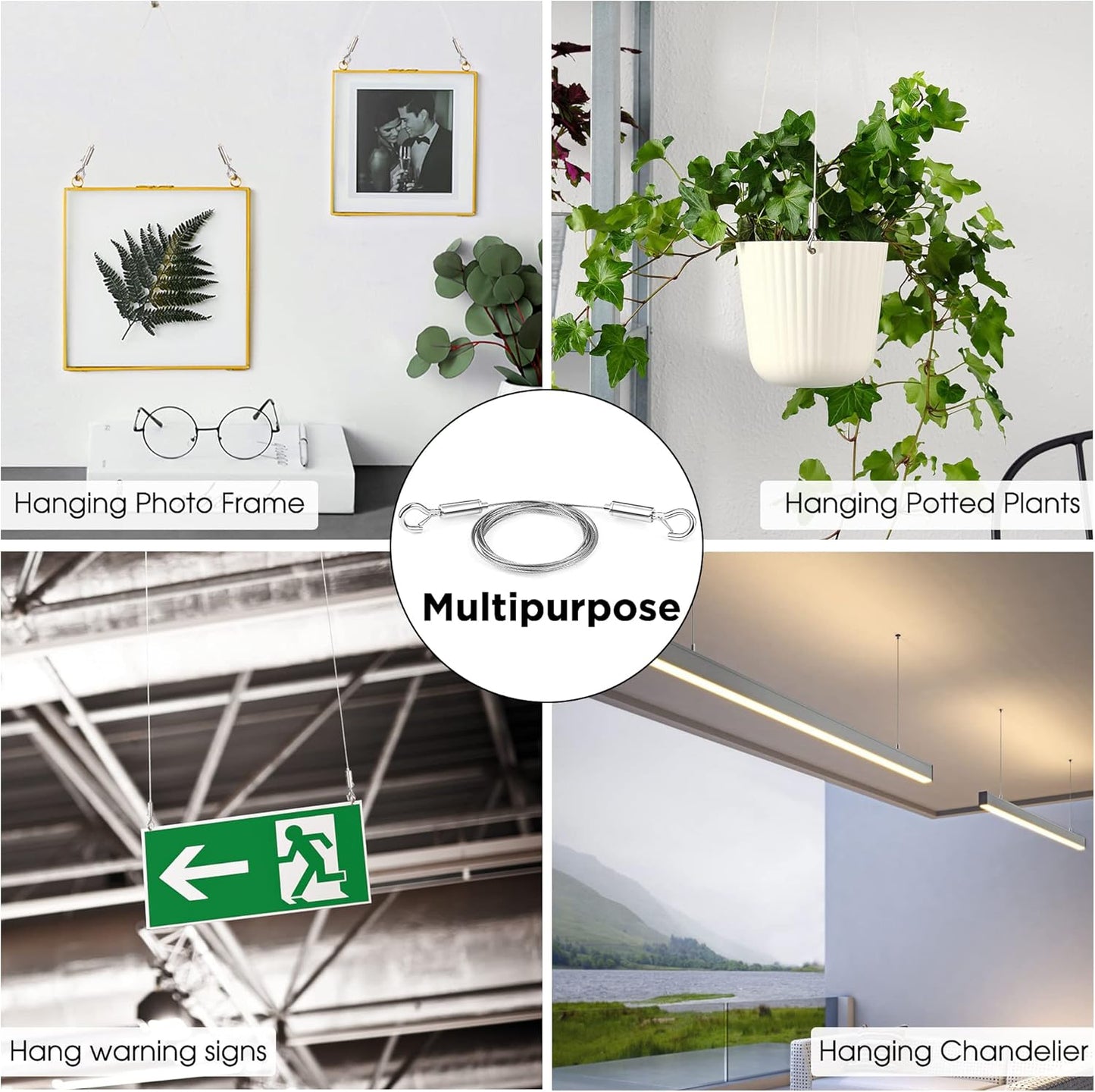 Adjustable Picture Hanging Wire 2PCS Mirror Frame Kit 2m x1.5mm Heavy Duty Stainless Steel Rope for Mirror Hanging Hardware,Light Lamp,Billboards,Basket Flowerpot Hold Up to 20kg