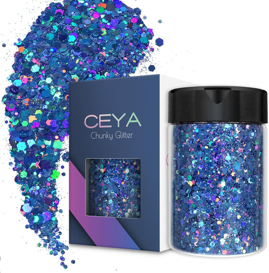 Ceya Holographic Chunky Glitter, 4.9oz/ 140g Blue Craft Glitter Powder Mixed Chunky & Fine Flakes Iridescent Nail Sequins for Nail Art, Hair, Epoxy Resin, Tumblers, Slime, Painting, Festival Decor