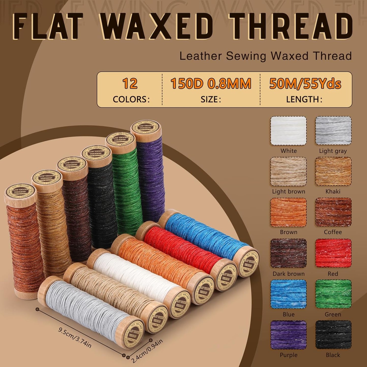 12 Colors Waxed Thread for Leather Sewing, 660 Yards Flat Leather Sewing Thread, 150D Waxed Cord for Stitching Repairing Book Binding Canvas Sofa Furniture
