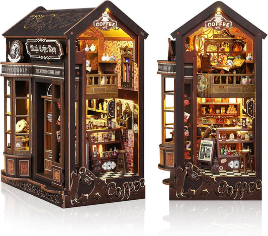 DIY Book Nook Kit, Miniature Dollhouse Bookshelf Insert with Light, Laser-Cut Wooden Craft Set for Adults, Perfect for Teens and Adults, Coffee Shop