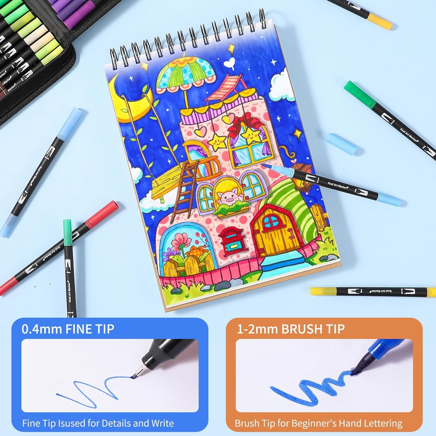 Dual Tip Markers, Double Brush Art Markers Set with Fine Tip and Brush Tip for Adult Coloring Book, Hand Lettering, Calligraphy & Drawing, Art Supplies Kit for Kids and Adults (168 Colors)