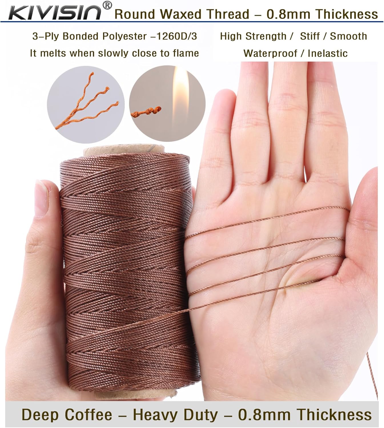 Bonded 0.8mm Round Waxed Polyester Cord, 3-ply Wax Coated Thread, 197 Yards Stiff String for Heavy Duty Fabric, Leather Sewing, Book Binding, Upholstery Repair, and Macrame Jewelry - Deep Coffee