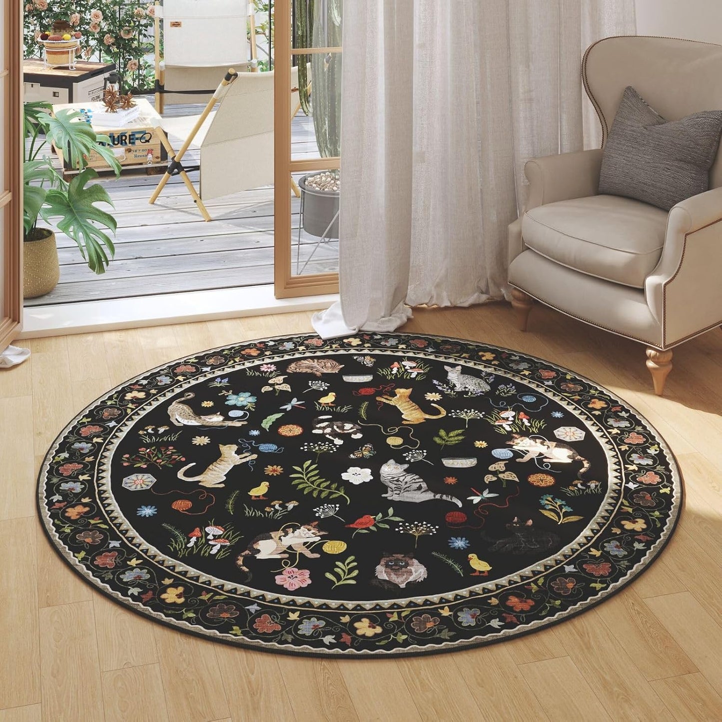 Rugcomf Round Rug 4ft Washable Circle Rug Non Slip Low Pile Boho Floral Animal Cat Small Circular Rug for Bedroom Bathroom Entryway Kids Room Office College Dorm, Black