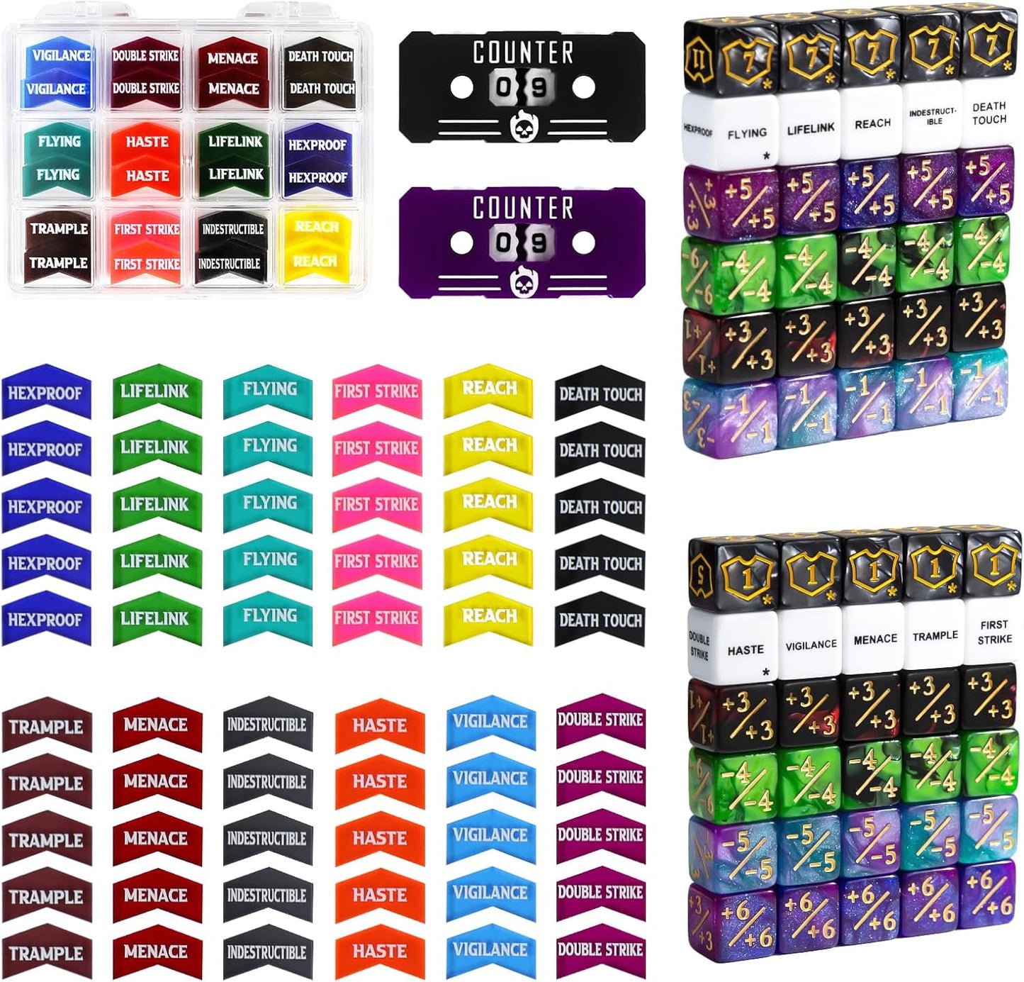 SIXPOINTS 122Pcs MTG Dice Counters Keyword Counters Life Counter 1/+1 counters Commander Buff Tokens 6 Sided Dice Set for Magic The Gathering, MTG, TCG, Card Games Accessories (B-122PCS/SET)