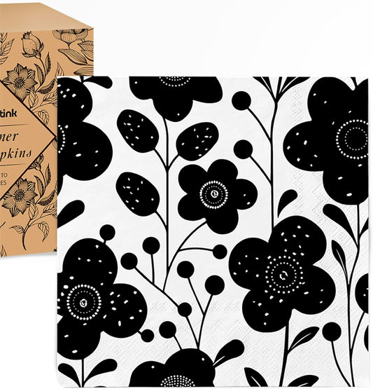 80 pack Designer Cocktail Beverage Napkins, 3-Ply 5x5-inches Disposable Decorative Fall Winter Guest Floral Black White Flower Napkin for Wedding Birthday Anniversary Party Baby Shower