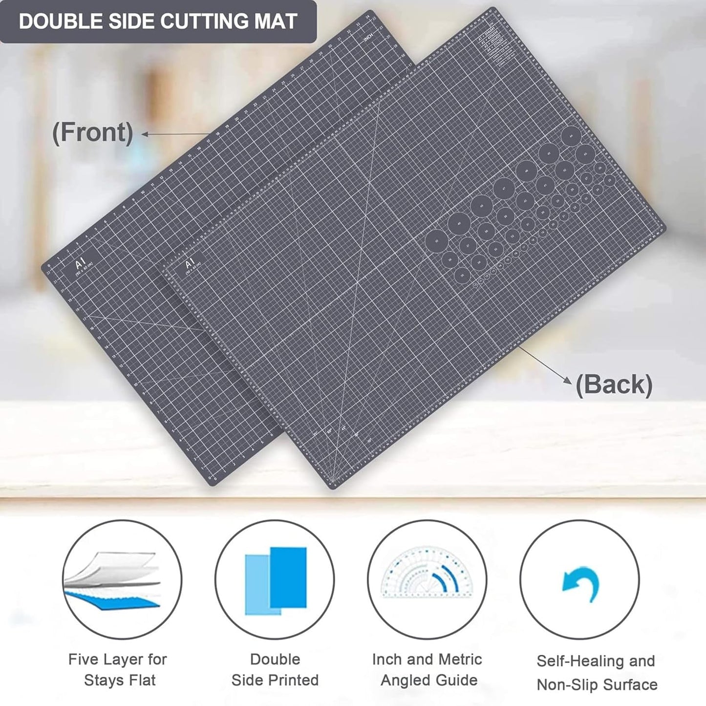 Headley Tools Thickened 24 x 36 Inch Self Healing Cutting Mat, Durable A1 Double Sided 5-Layer Craft Cutting Board for Fabric, Quilting, Sewing, Hobby, Scrapbooking, Arts and Crafts Project, Dark Gray