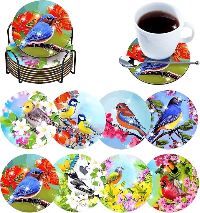 8 pcs Diamond Painting Coasters | Diamond Art Coasters | Birds Diamond Art Painting | Perfect Art Craft Gift for Birds Lover, Dad, Mom, Grandparents, Brother, Sister.
