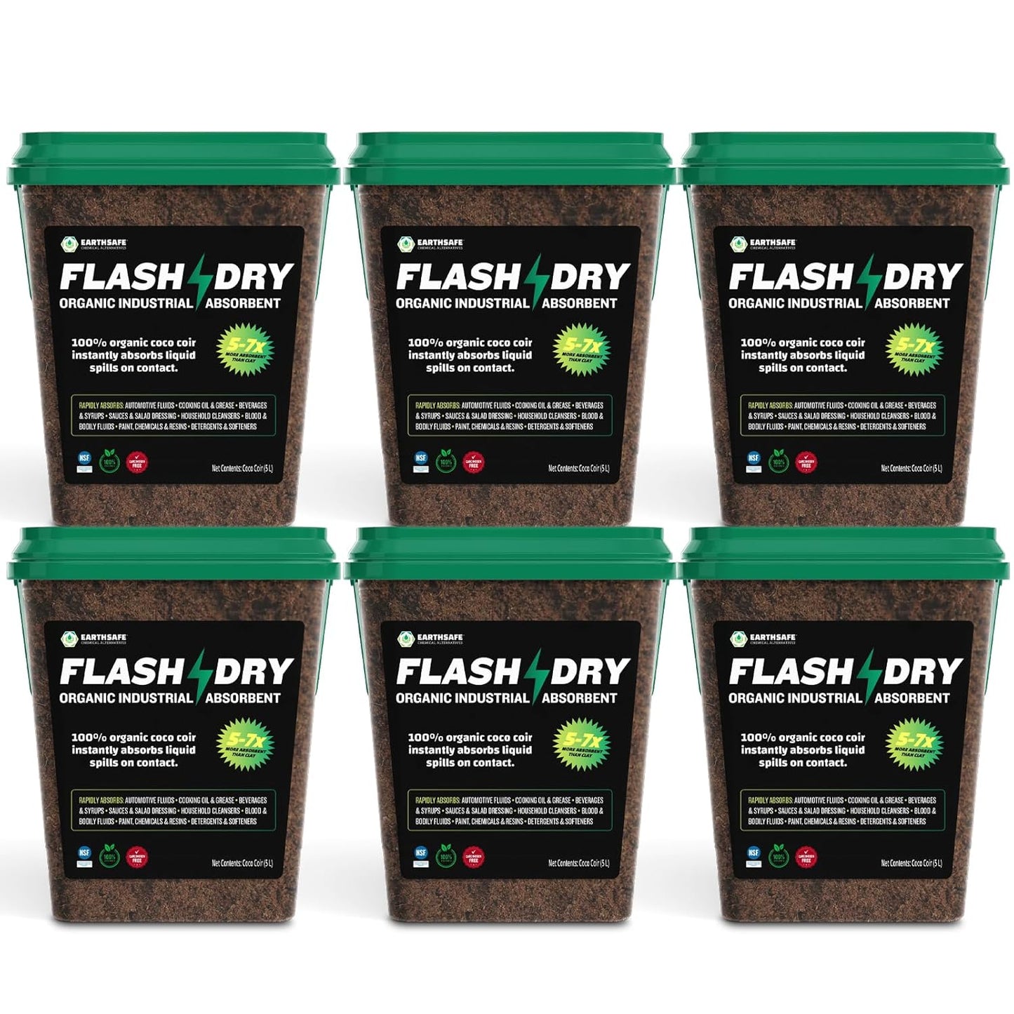 FlashDry All Purpose Organic Industrial Absorbent - 5 Liter Bucket, Case of 6- Instantly Absorbs Liquid Spills - Safer and 5-7x More Absorbent Than Clay - Lightweight & Refillable - OSHA Compliant