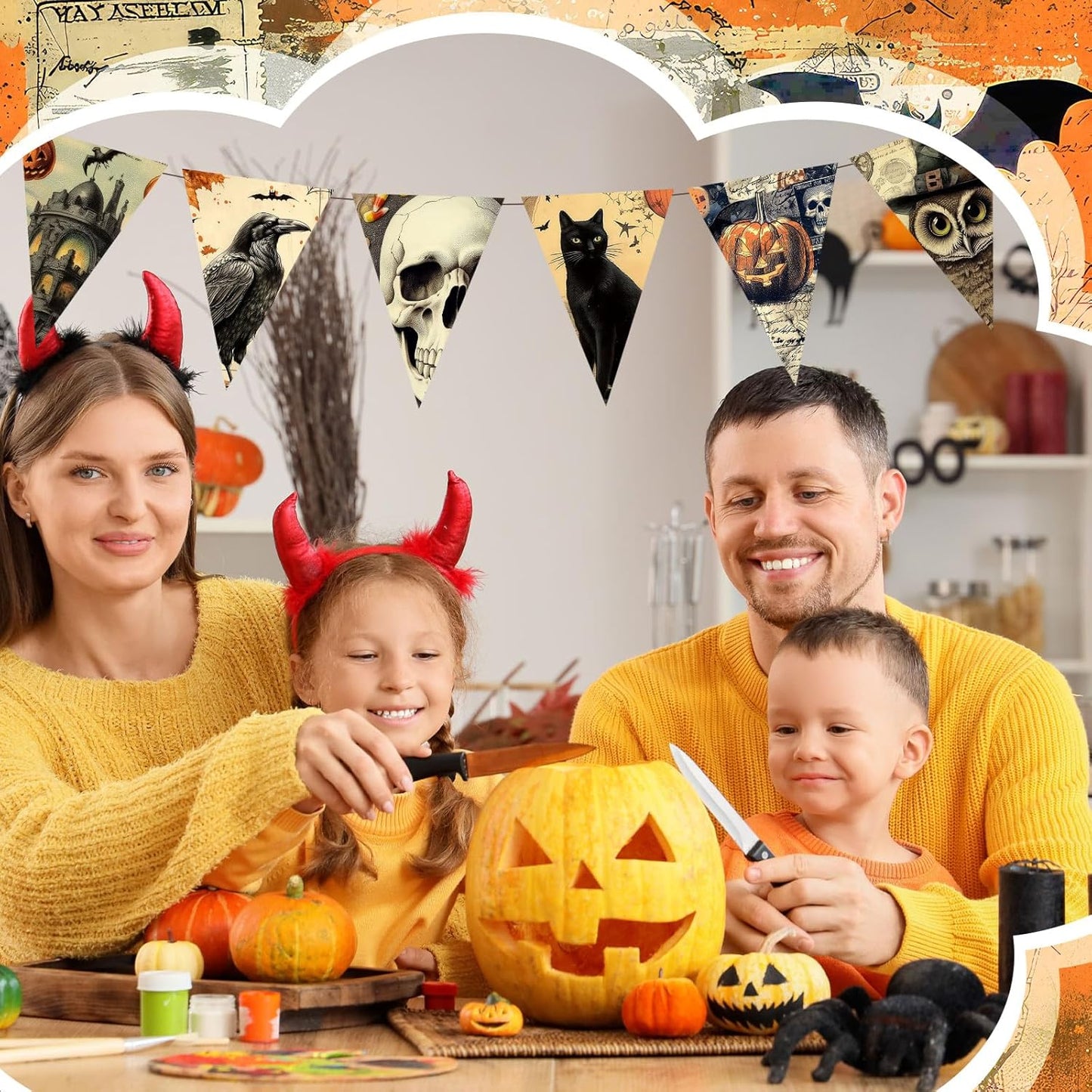 Ganeen 60 Pcs 10 x 10 Inch Vintage Halloween Quilting Fabric Squares Spooky Gothic Fabric Bundle Pumpkin Skull Black Cat Fat Patchwork Precut Stripe for Holiday Handmade Material Sewing DIY Craft