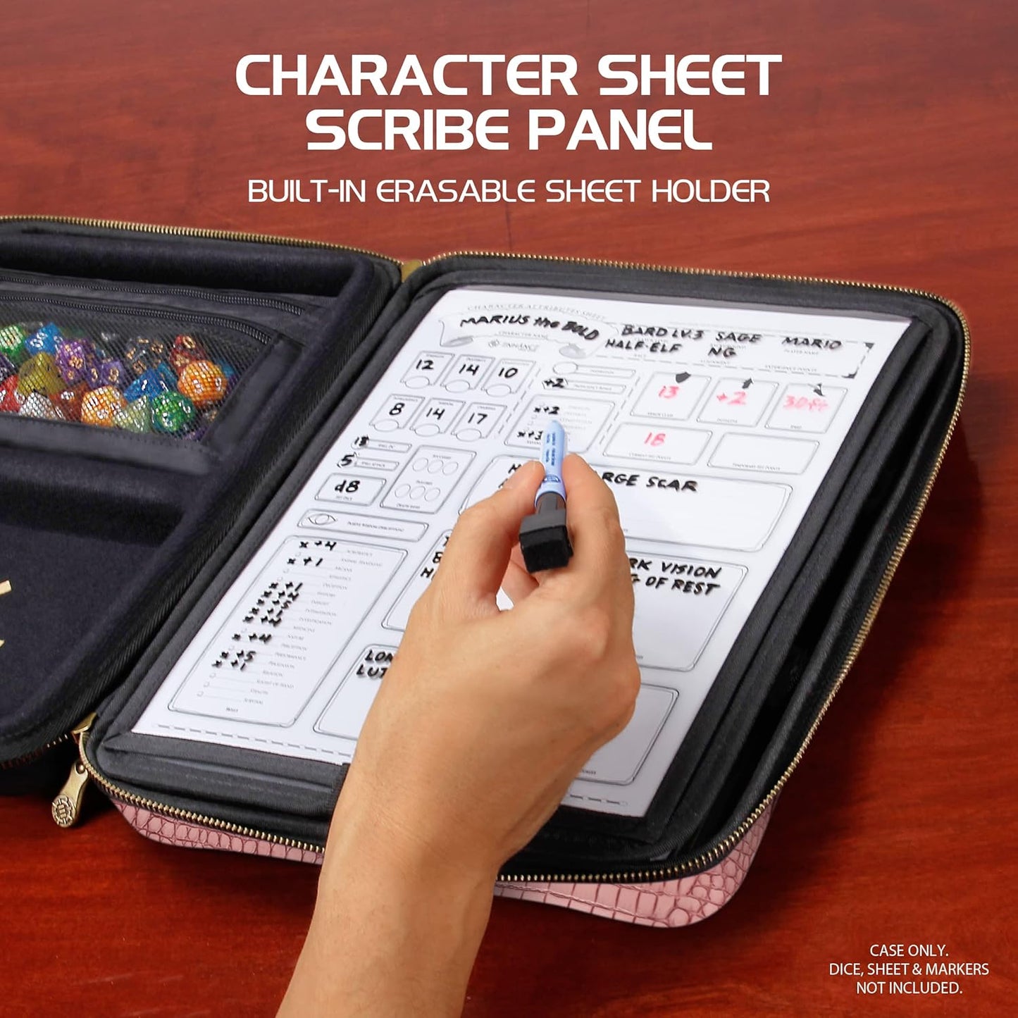 ENHANCE RPG Organizer Case - DnD Binder with Built-in Character Sheet Holder and Erasable Scribe Panel, Dice Rolling Area, Removable Pen Pouch, Miniature Foam Tray, Wrist Strap