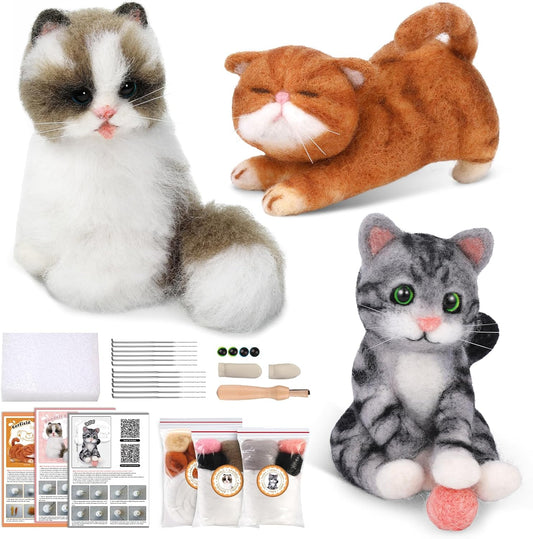 Mayboos Needle Felting Kit, 3 PCS Cat Animal Needle Felting Beginner Kits Wool Felt Needle Felting Tools with Instruction for DIY Craft Animal Home Decoration